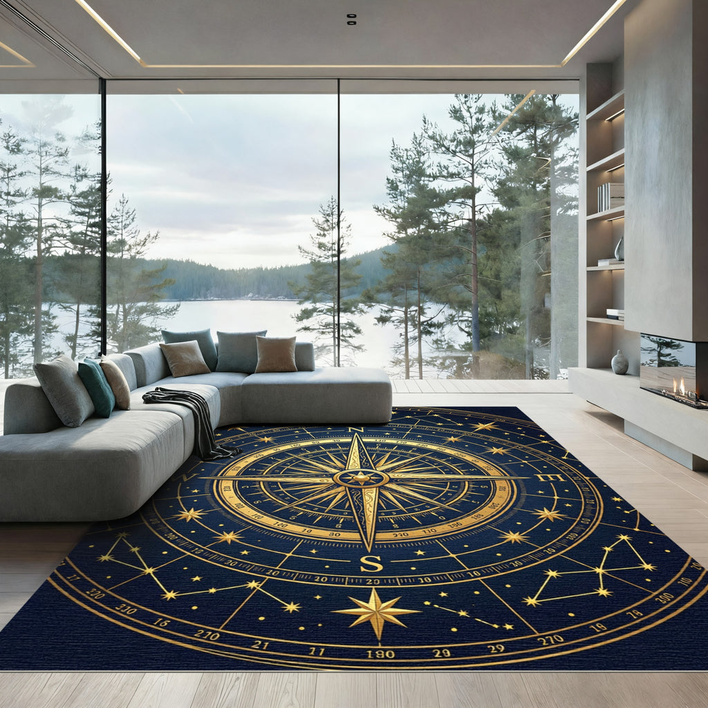 Celestial Golden Compass Navy Decor Rug