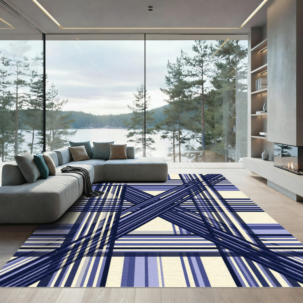 Contemporary Blue Geometric Crisscross Plaid Rug