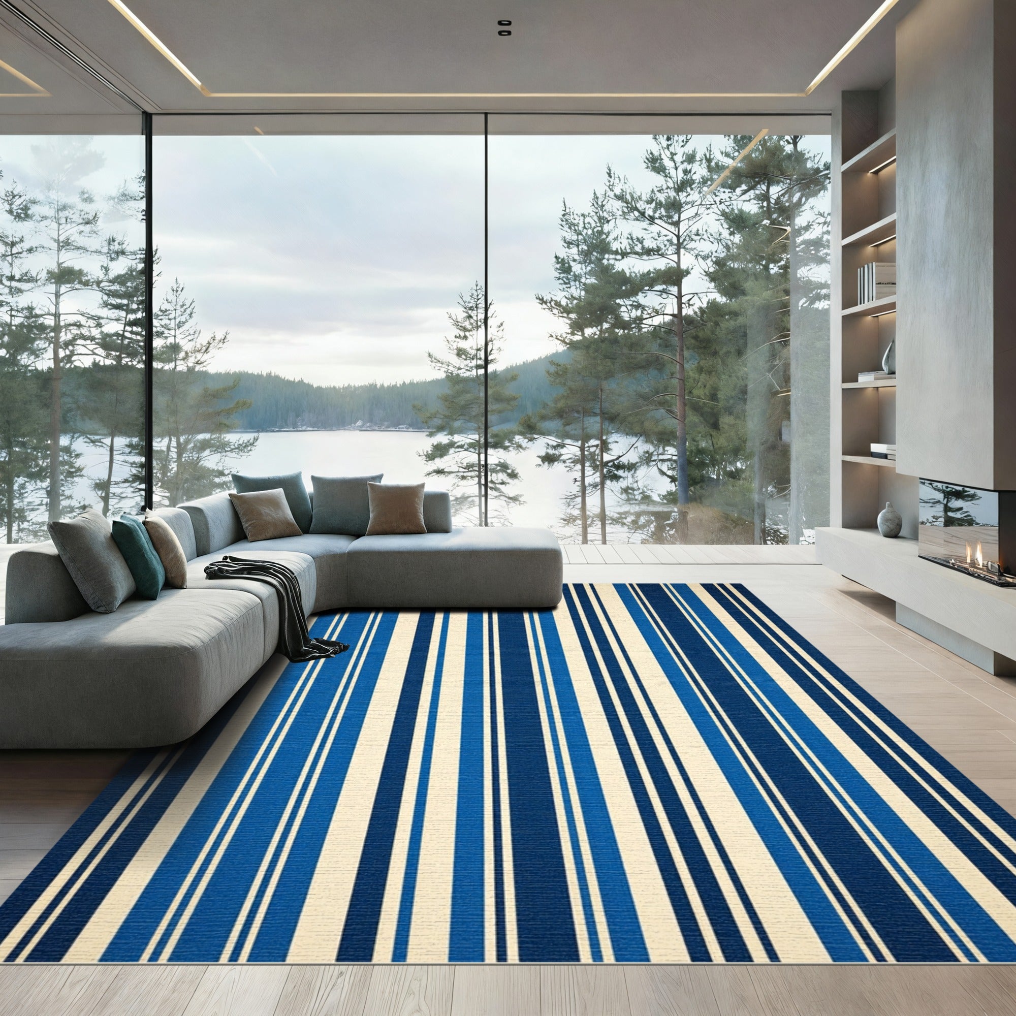 Navy Blue Cream Linear Vertical Stripe Rug