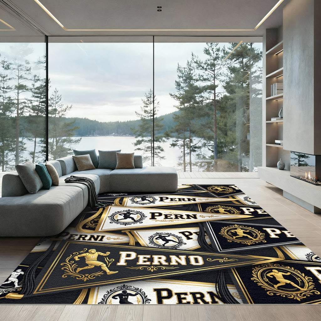 Gold Athletic Pennant Emblem Black Backdrop Rug