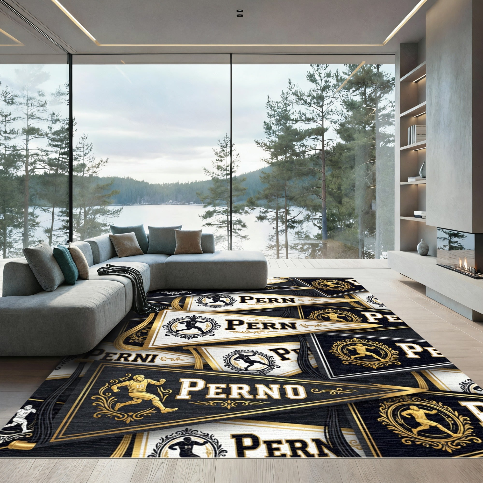 Gold Athletic Pennant Emblem Black Backdrop Rug