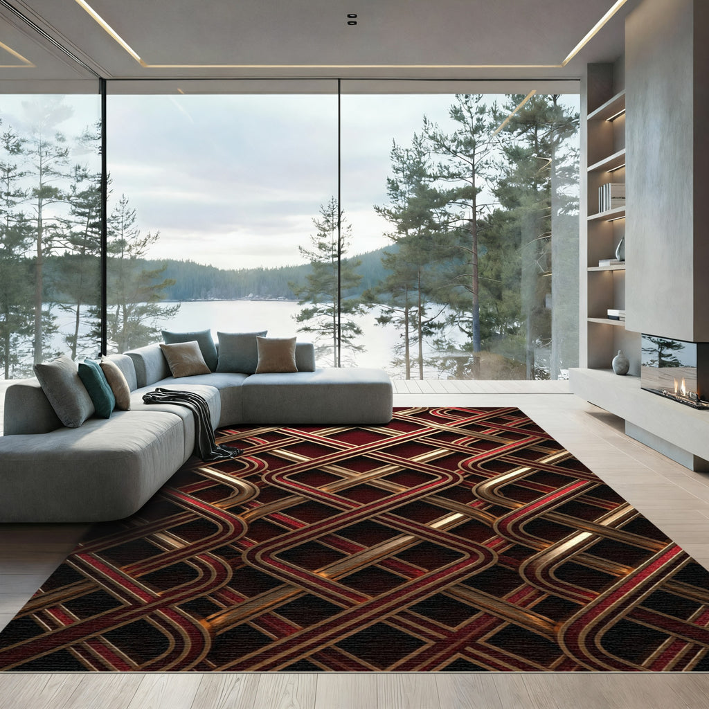 Rich Burgundy Gold Woven Interlace Rug