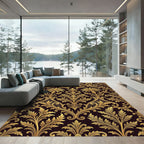 Ornate Gold Damask Palm Leaf Black Rug