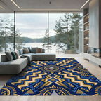 Gold Blue Geometric Mayan Aztec Element Rug