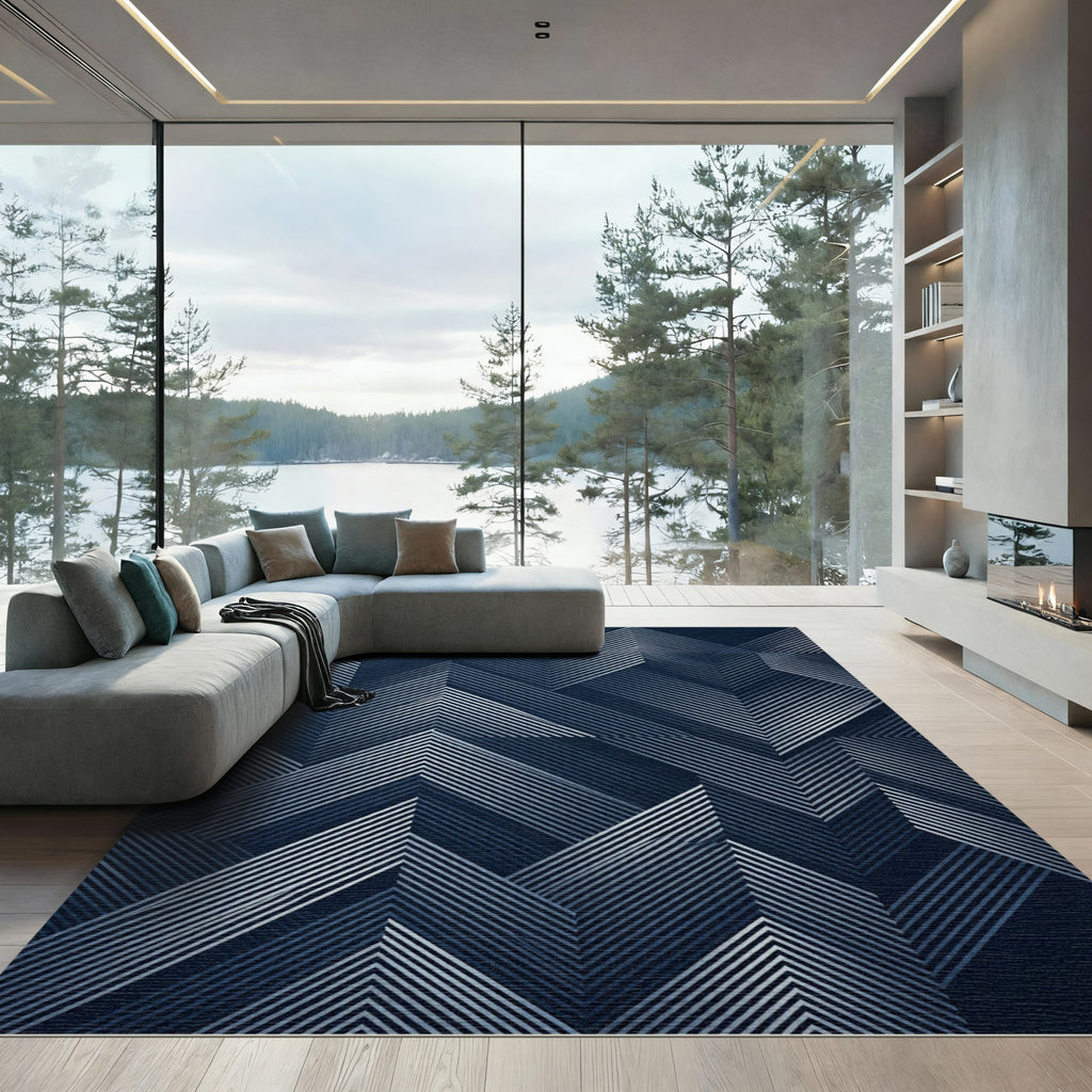 Modern Navy Geometric Angular Chevron Rug