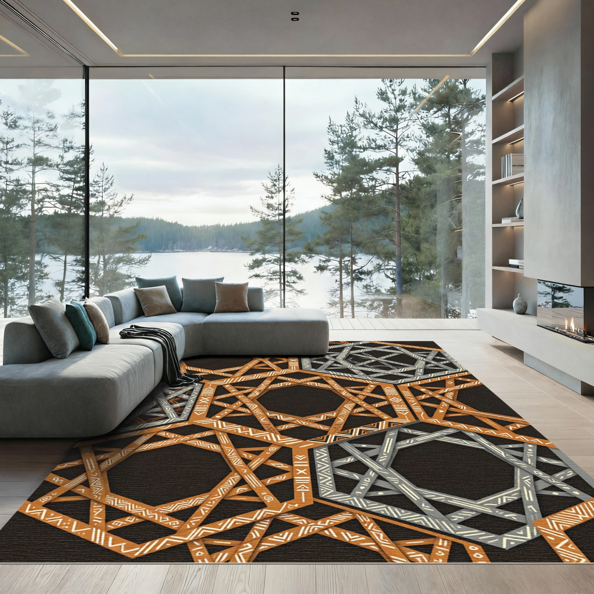 Copper and Silver Geometric Hexagon Rug