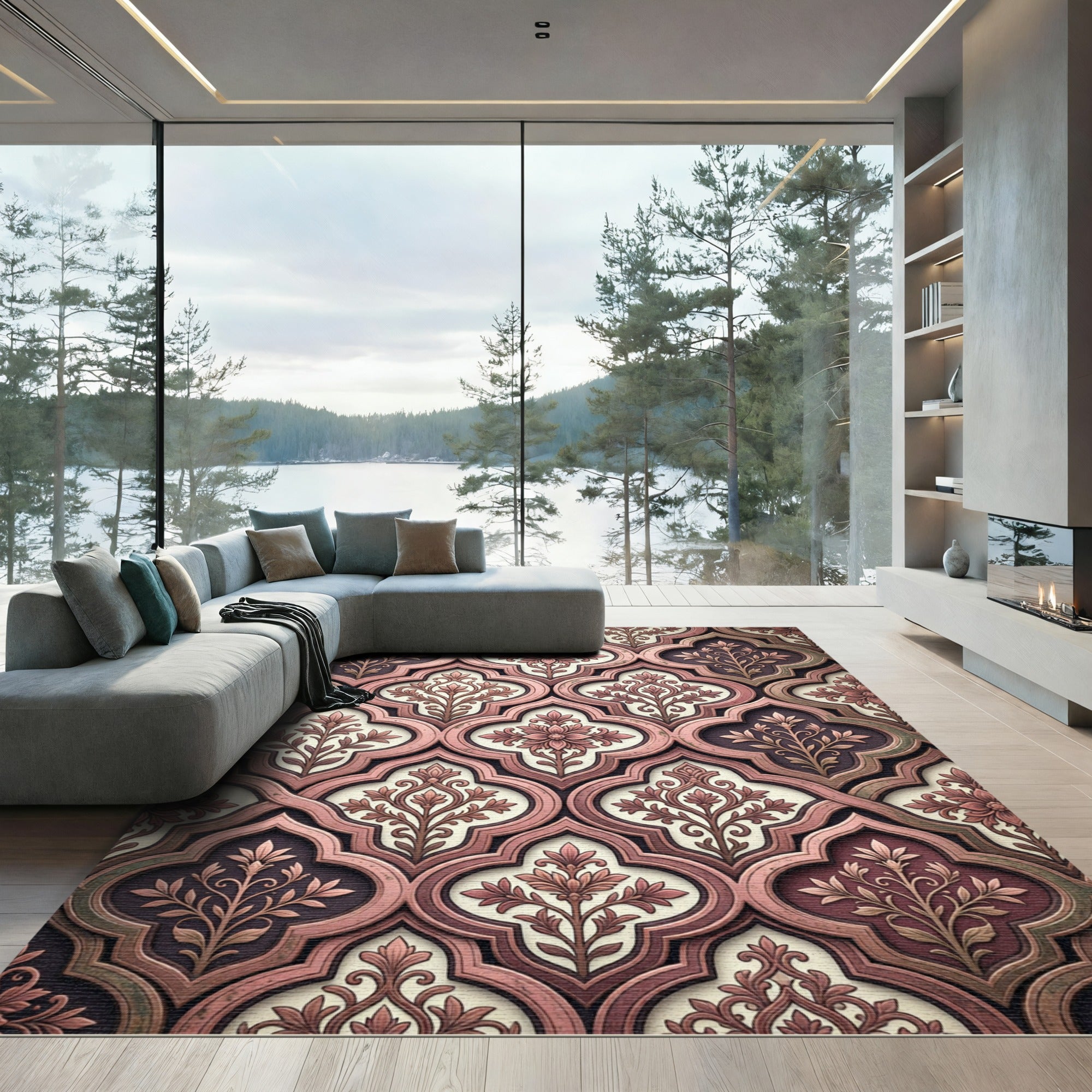 Rose Gold Quatrefoil Floral Composition Rug