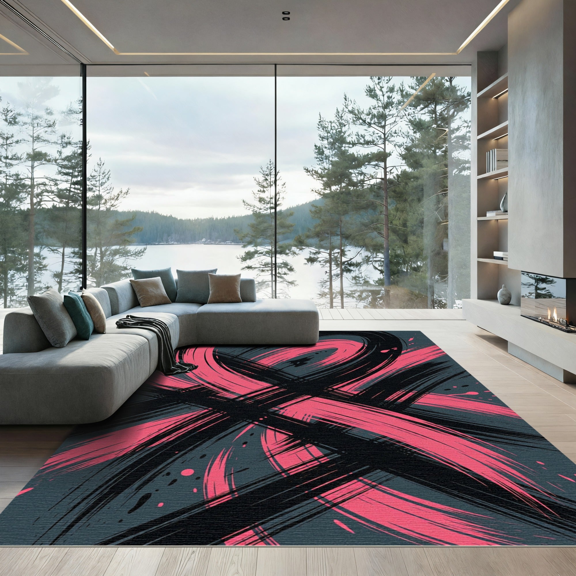 Black and Pink Abstract Brush Stroke Rug
