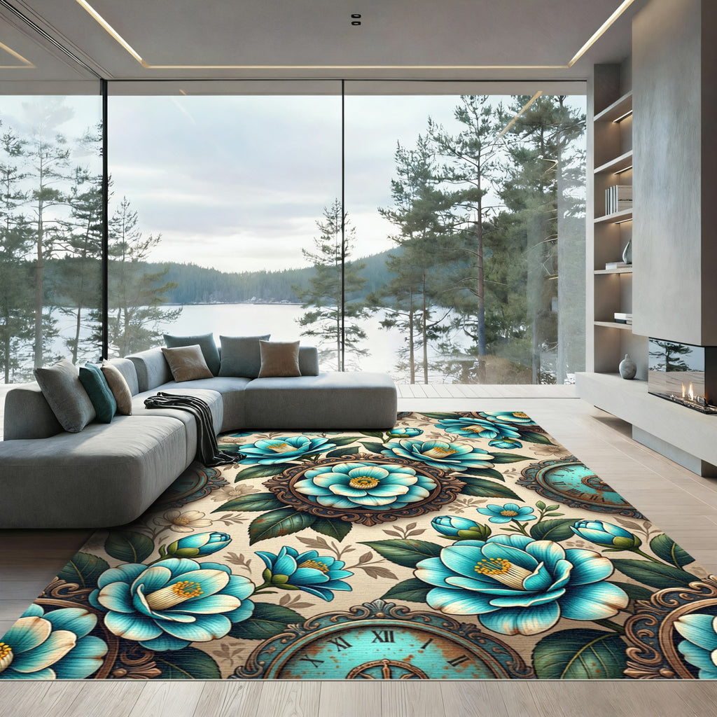 Aqua Camellia Garden Frame Medallion Rug