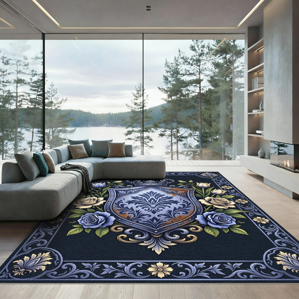 Royal Blue Floral Shield Crest Rug