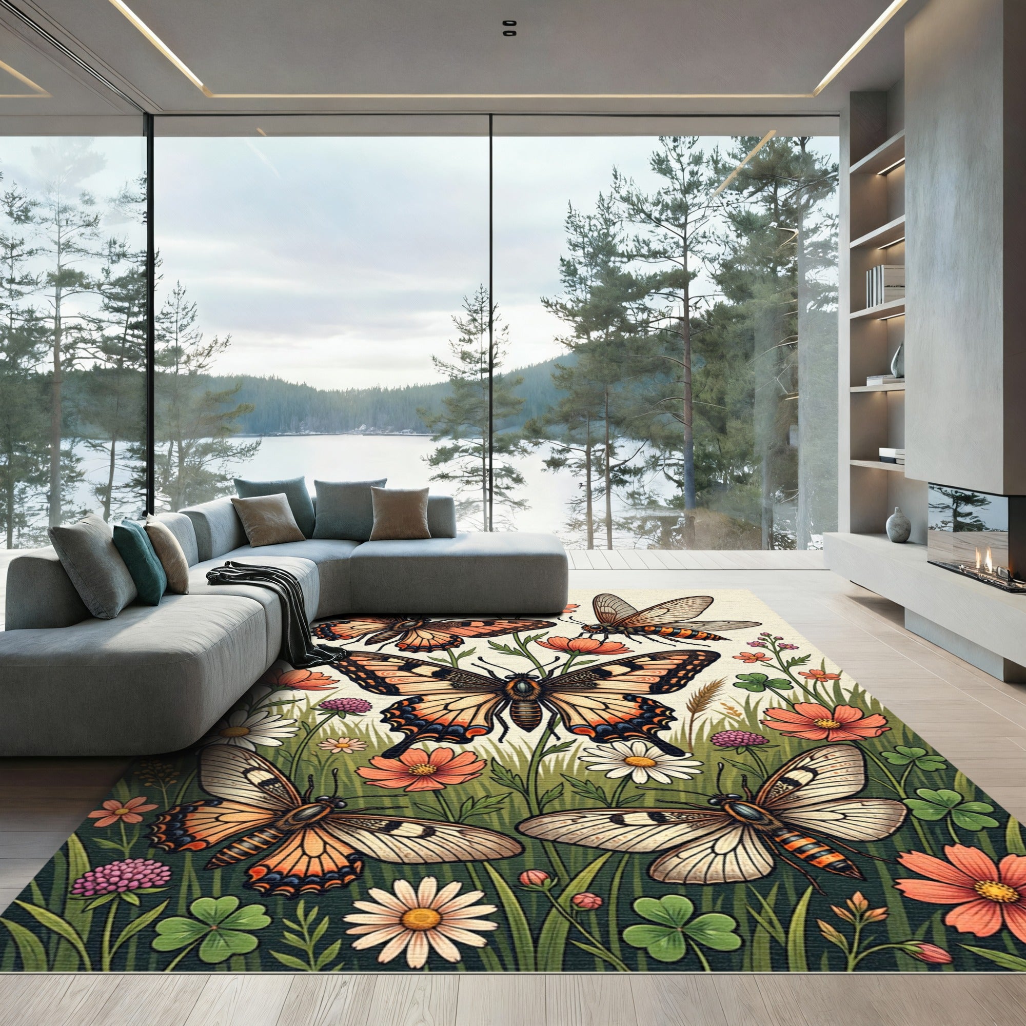 Whimsical Golden Butterfly Meadow Rug