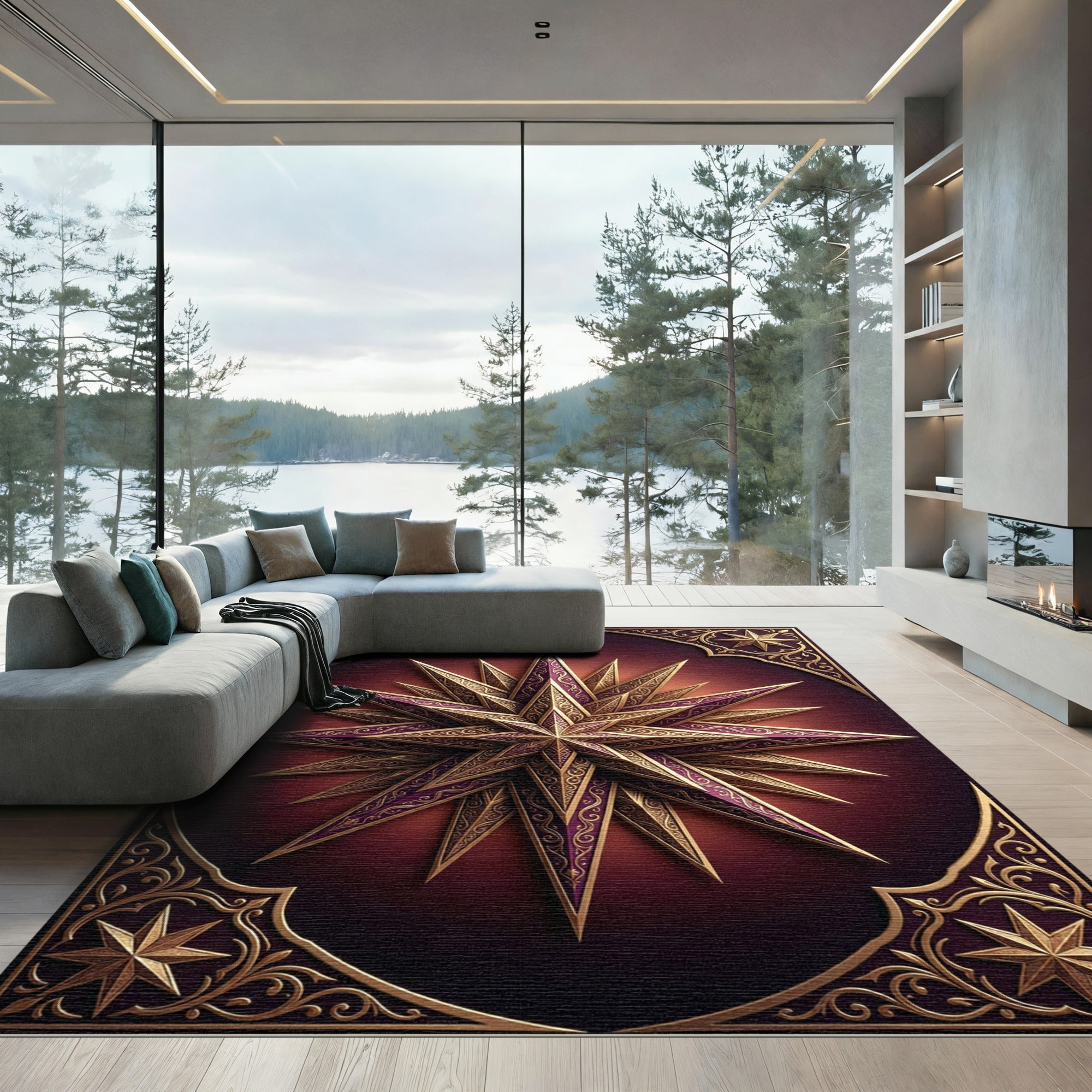 Ornate Gold Starburst Purple Rug