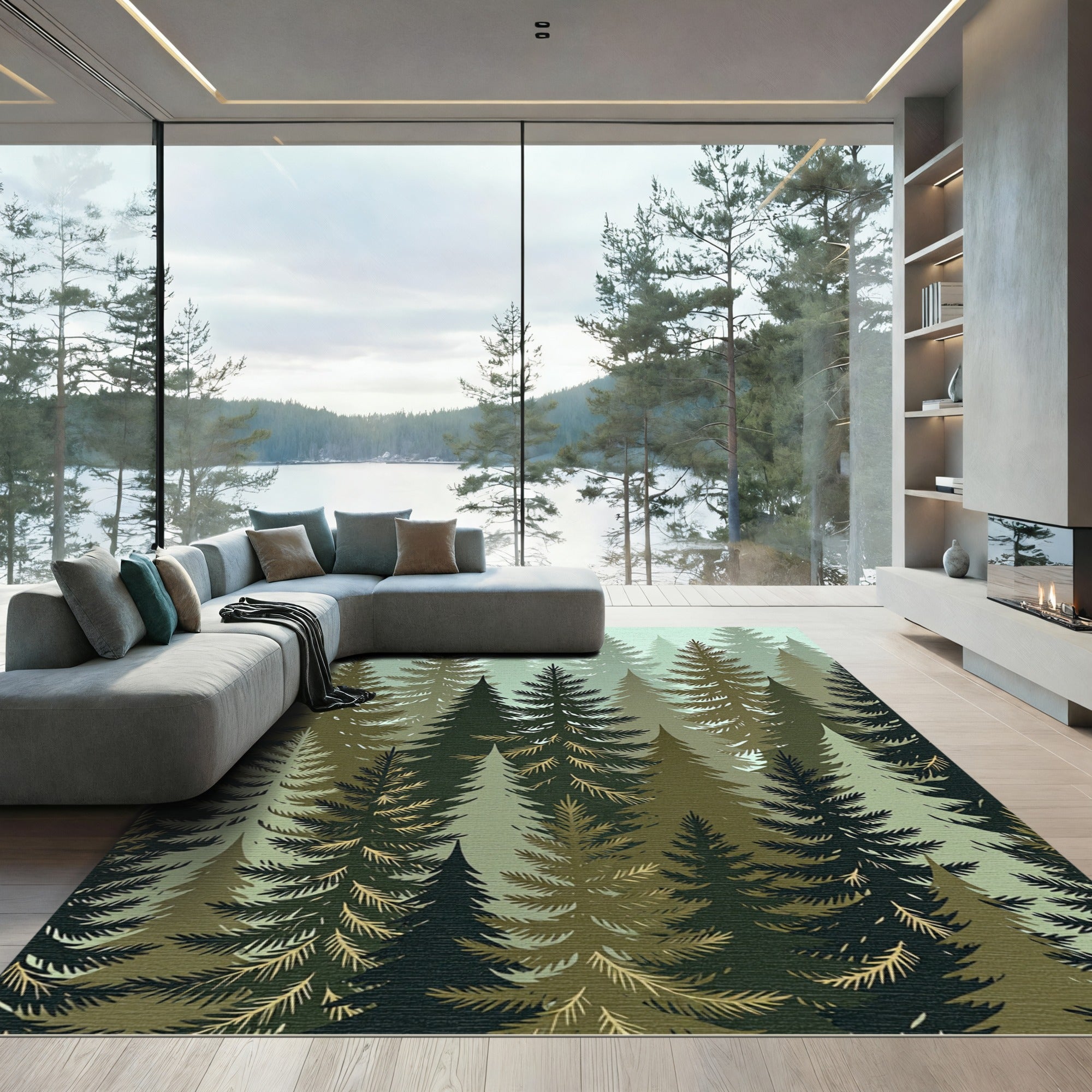 Earthy Green Forest Pine Scenery Rug
