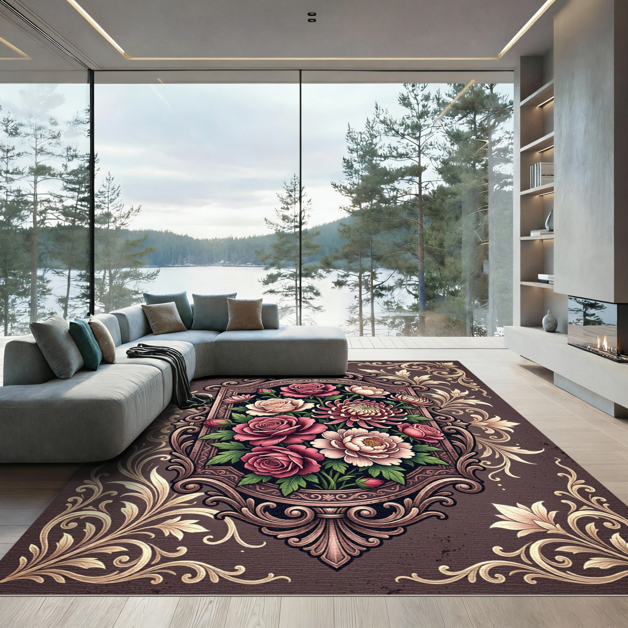 Crimson Pink Floral Oval Frame Rug