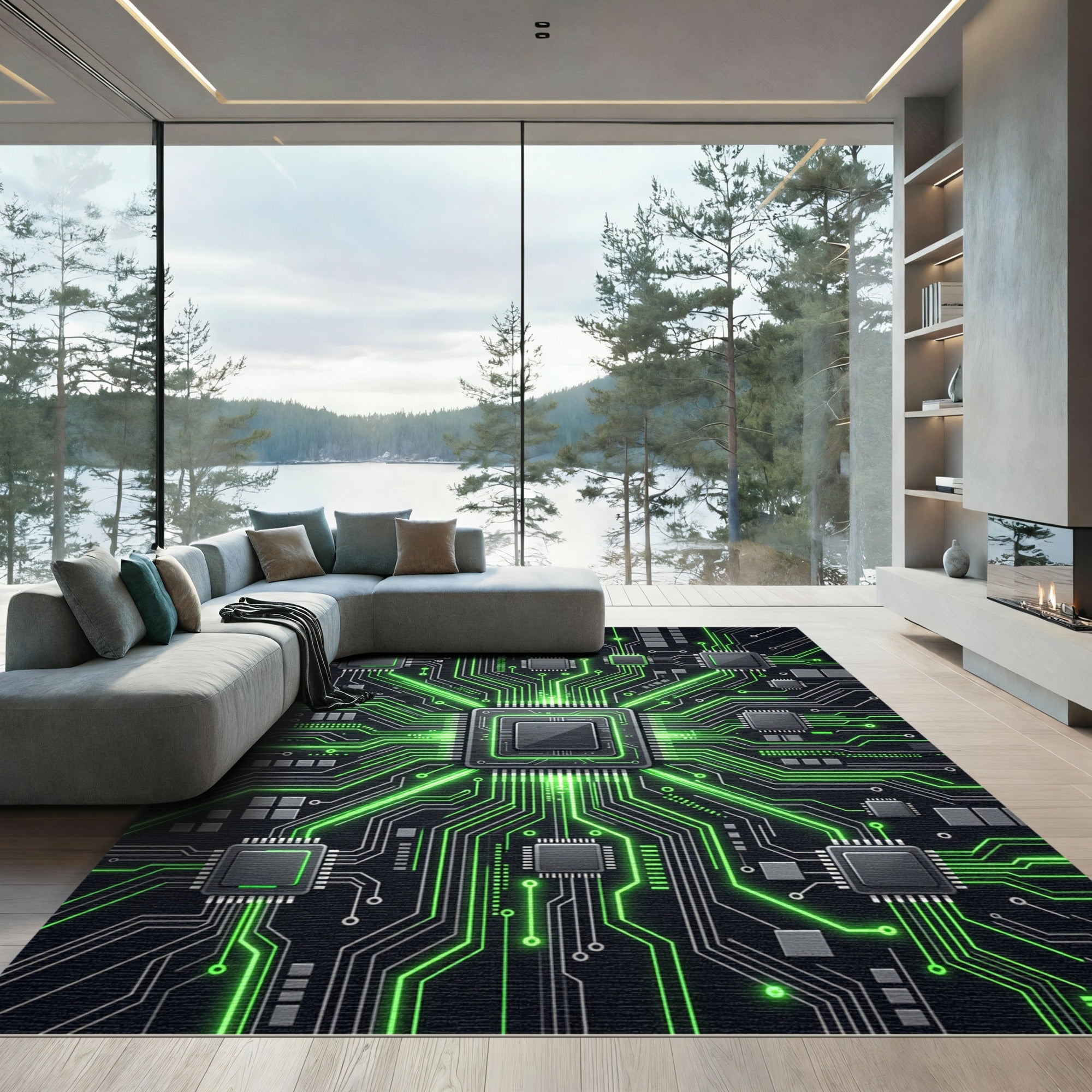 Futuristic Neon Green Circuit Board Grid Rug