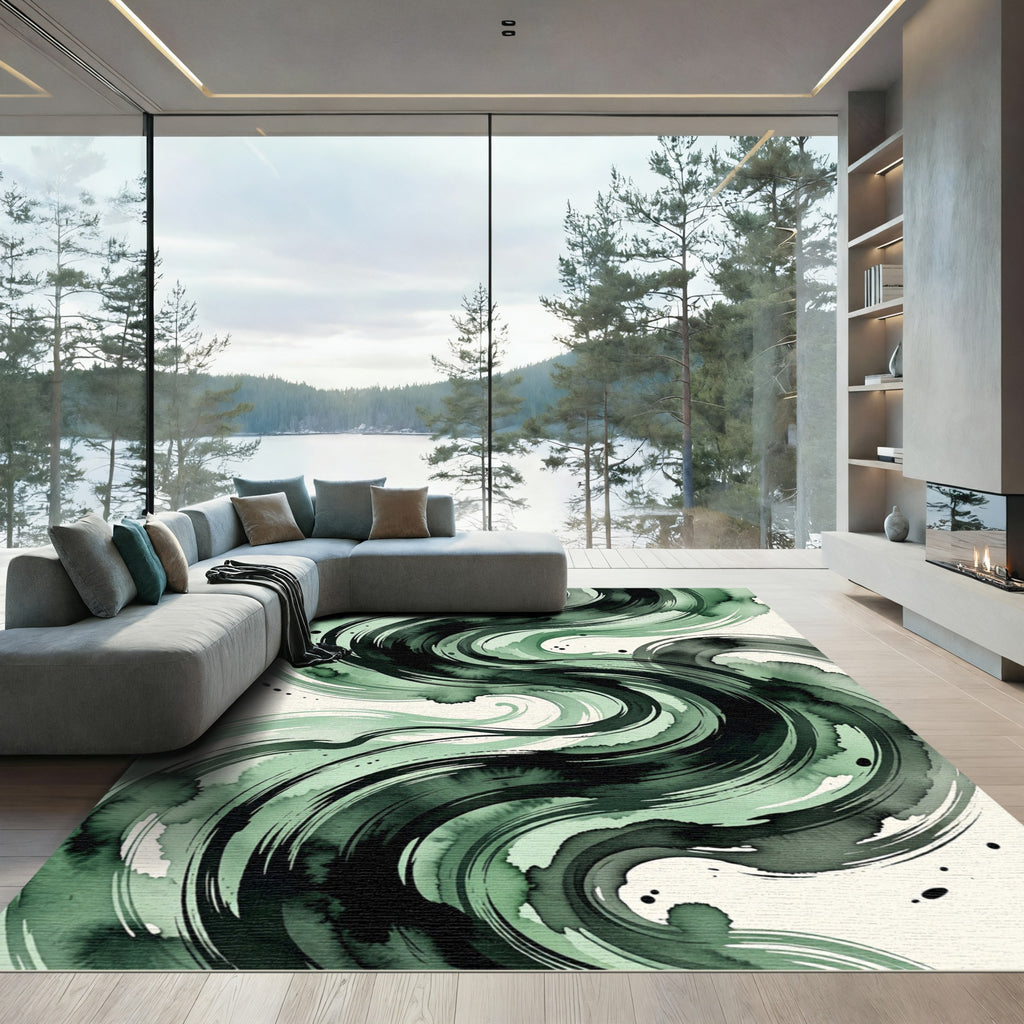 Ethereal Emerald Watercolor Abstract Swirl Rug