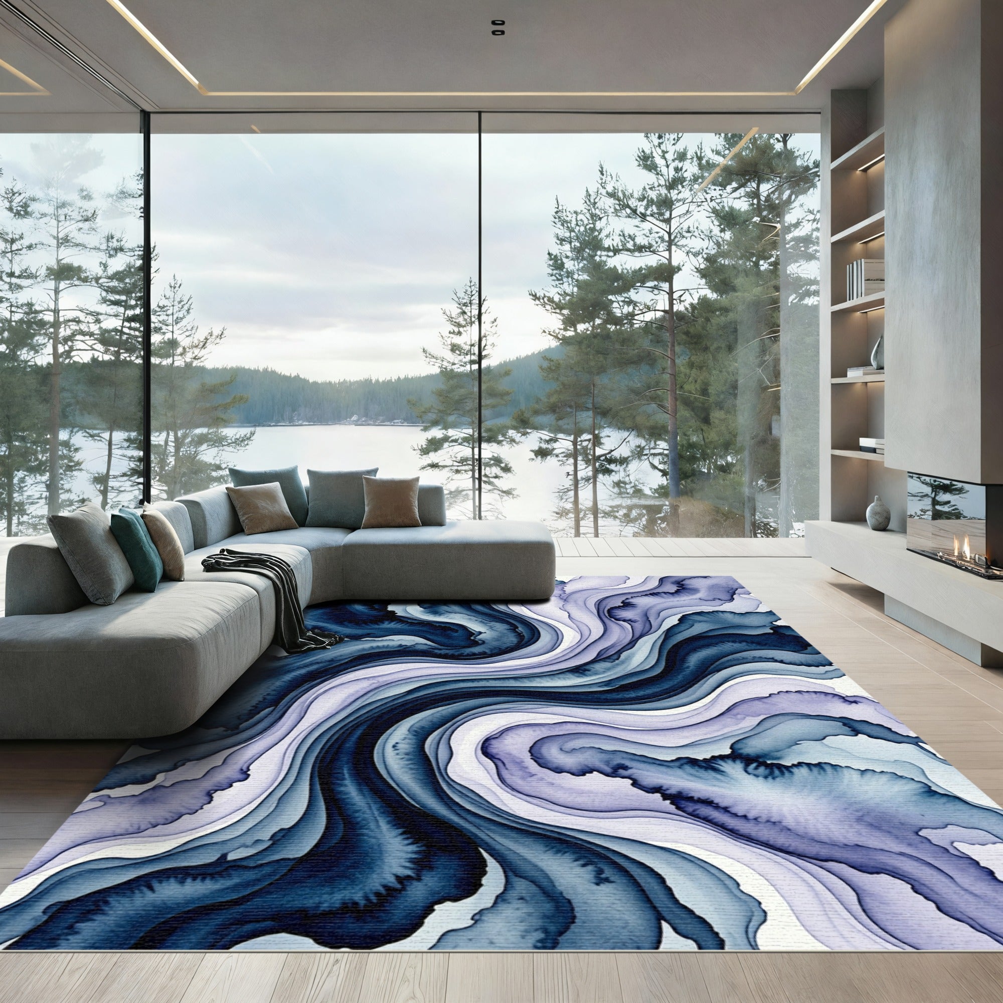 Fluid Navy and Lavender Abstract Wave Rug