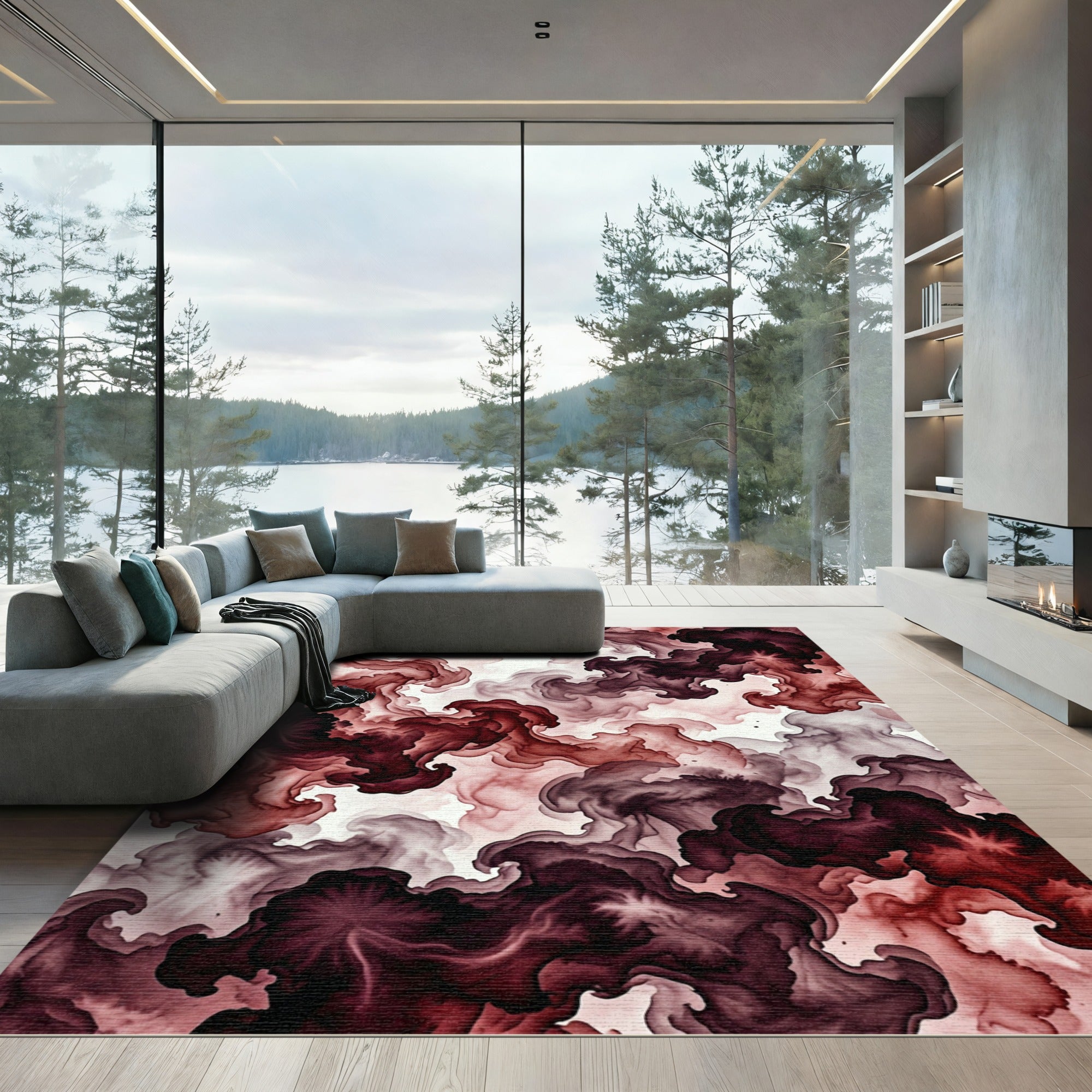 Dark Crimson Abstract Smoky Flow Rug