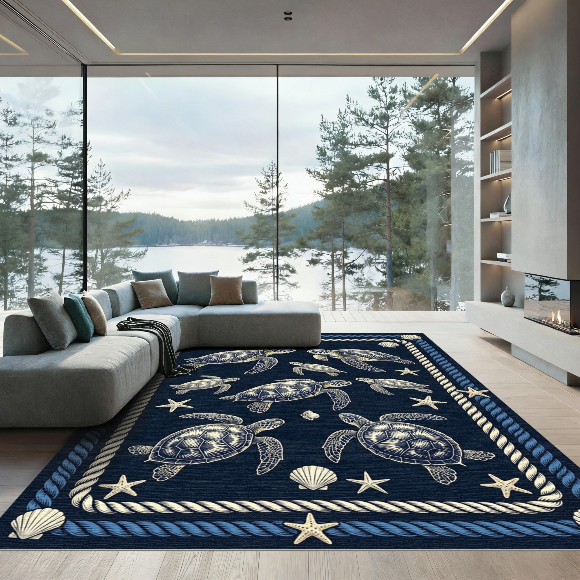 Navy Nautical Sea Turtle Rope Border Rug