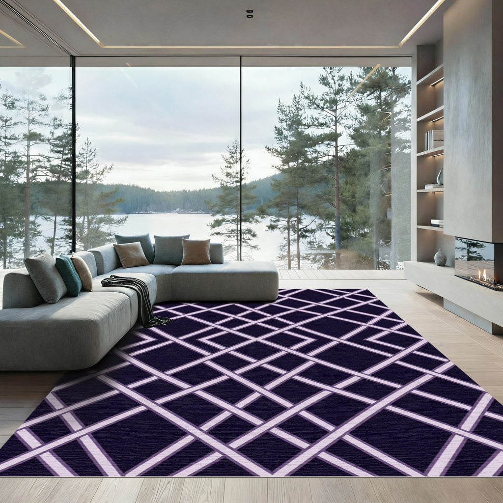 Sophisticated Dark Purple Geometric Lattice Rug