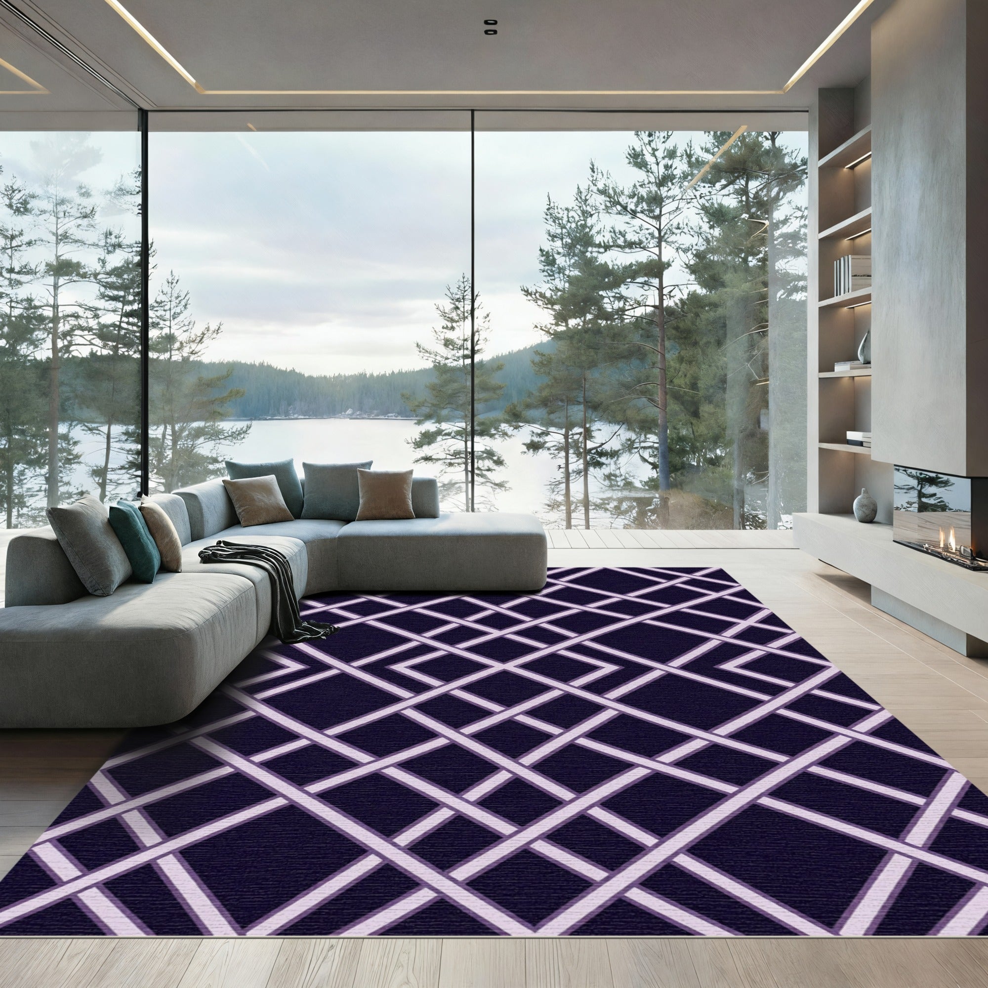 Sophisticated Dark Purple Geometric Lattice Rug