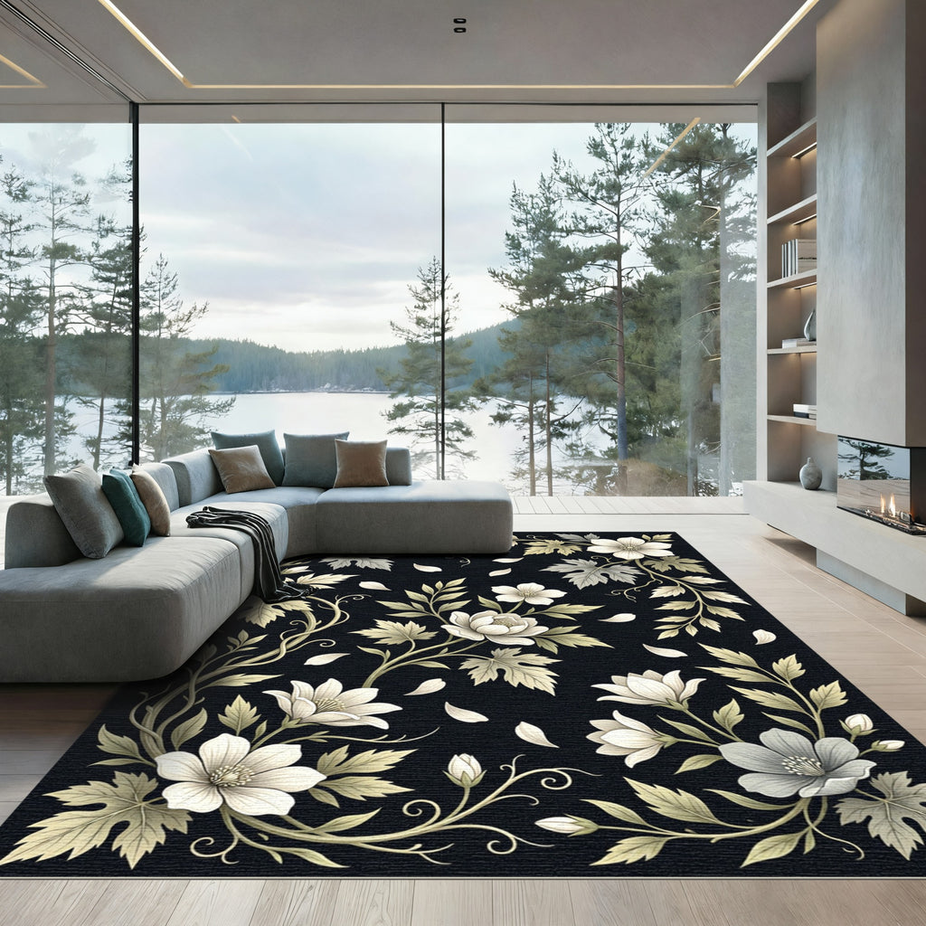 Elegant White Floral Botanical Monochrome Rug
