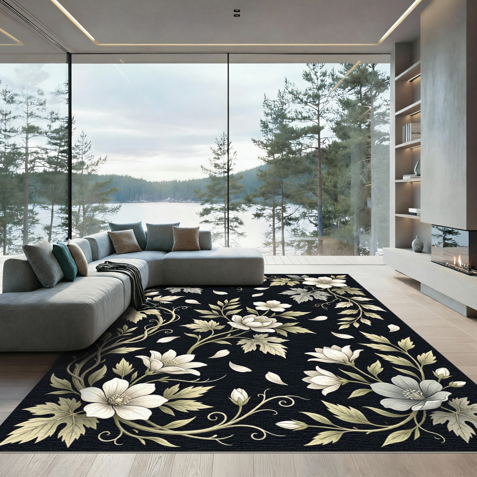 Elegant White Floral Botanical Monochrome Rug