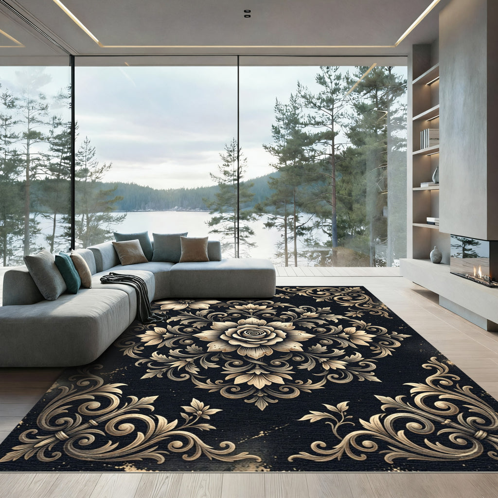 Ornate Floral Scrollwork Black Rug
