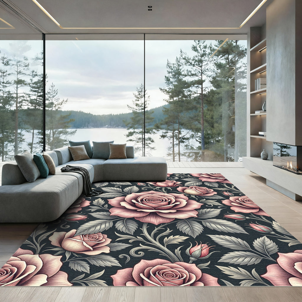 Elegant Blush Rose Floral Bouquet Rug