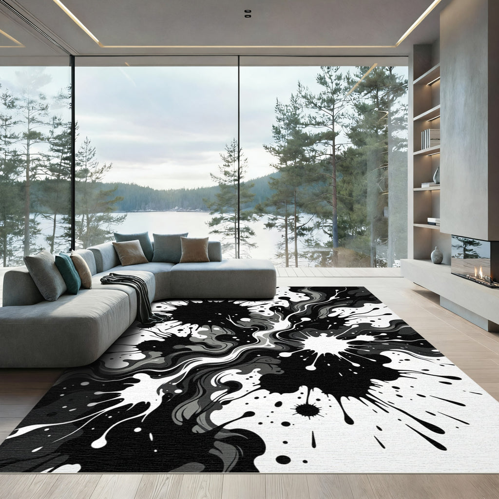 Bold Monochrome Splatter Abstract Rug