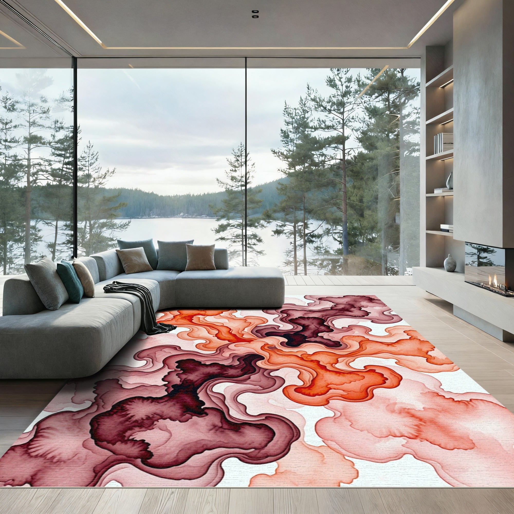 Coral Smoke Swirl Abstract Rug