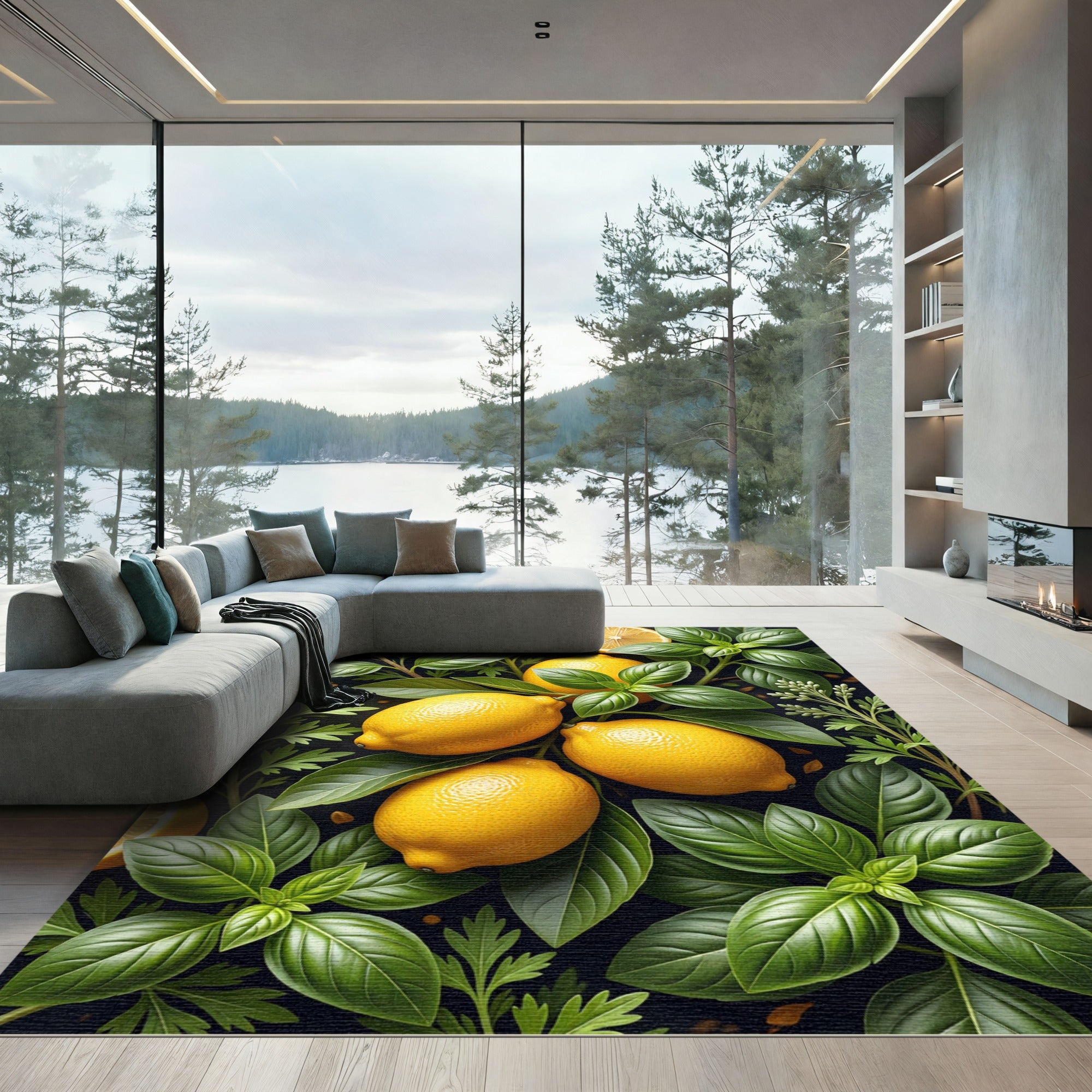 Vibrant Lemon and Herb Botanical Art Rug