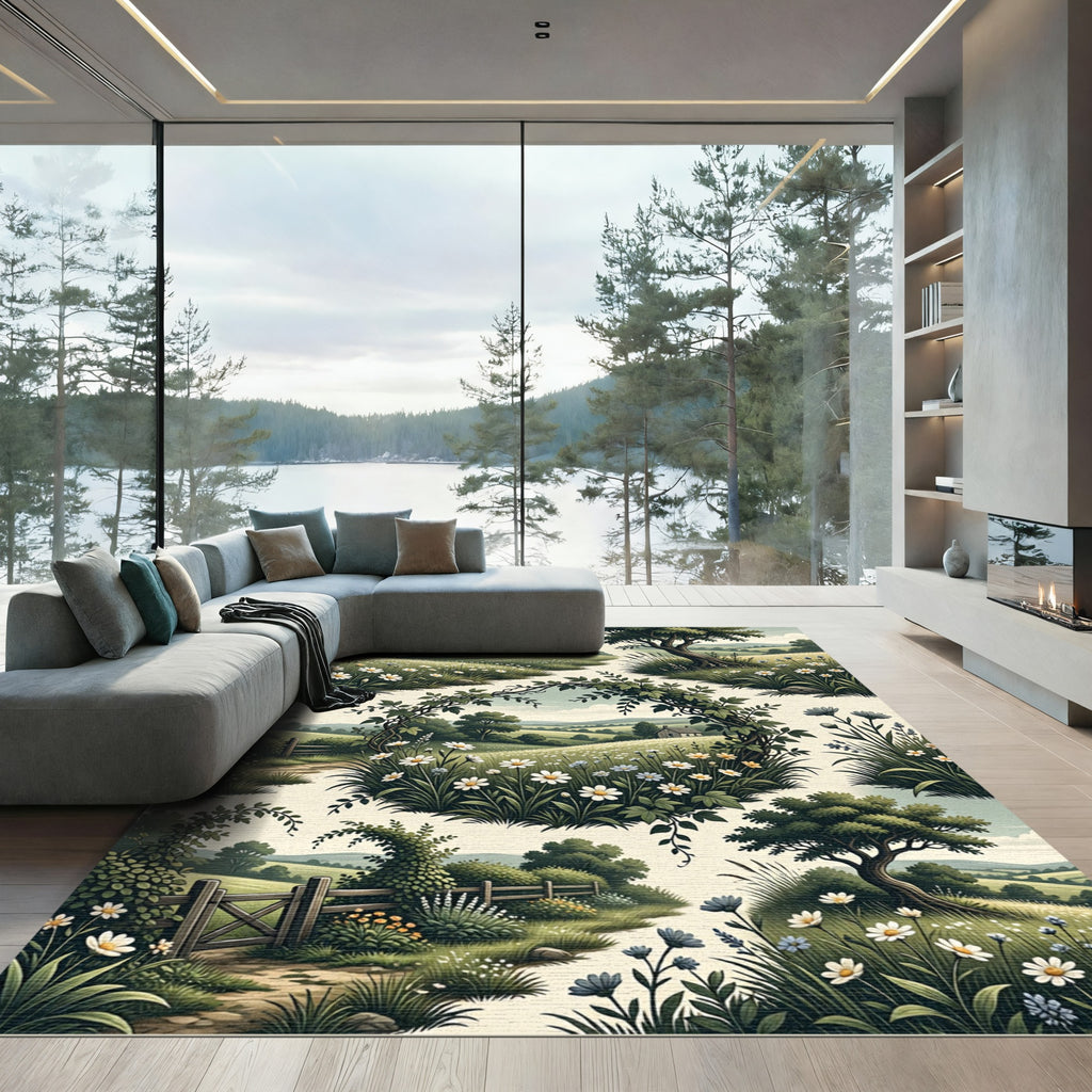 Whimsical Countryside Wildflower Meadow Landscape Rug