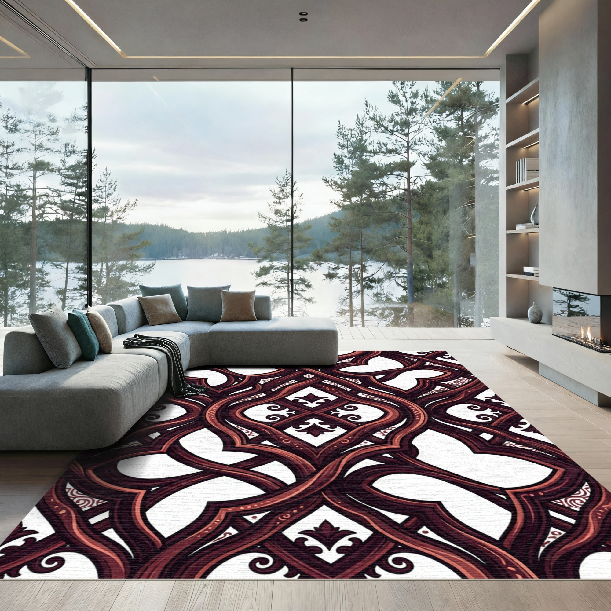 Elegant Deep Burgundy Interweaving Scroll Rug