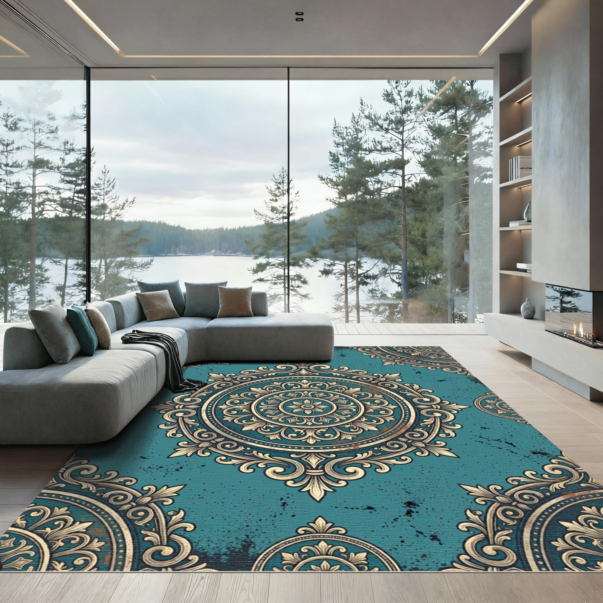 Ornate Teal Gold Medallion Rug