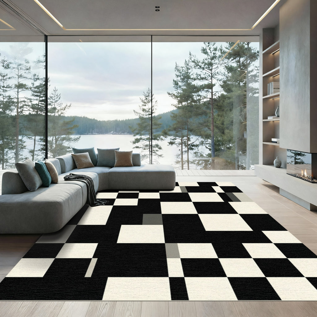 Bold Black and White Checkerboard Grid Rug