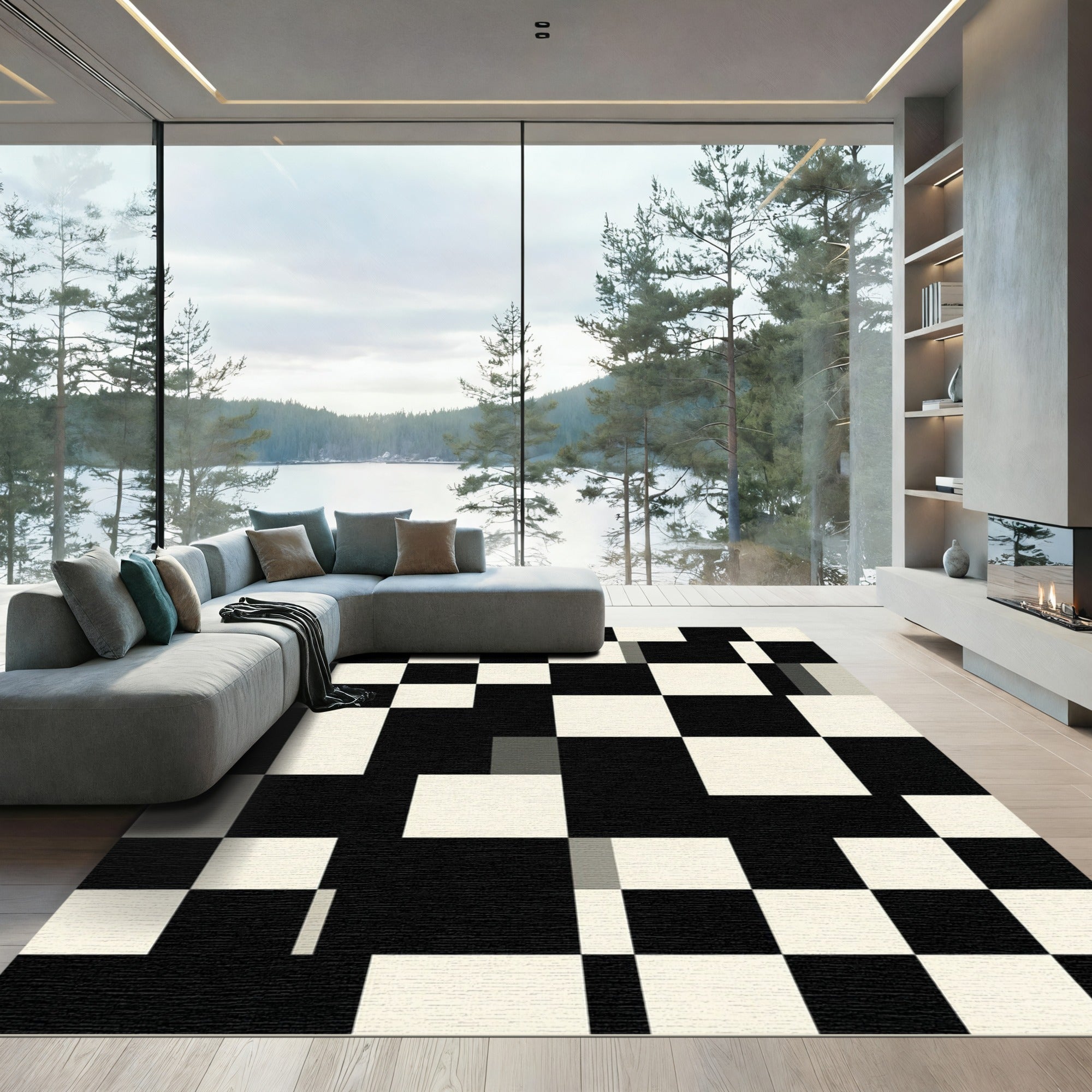 Bold Black and White Checkerboard Grid Rug
