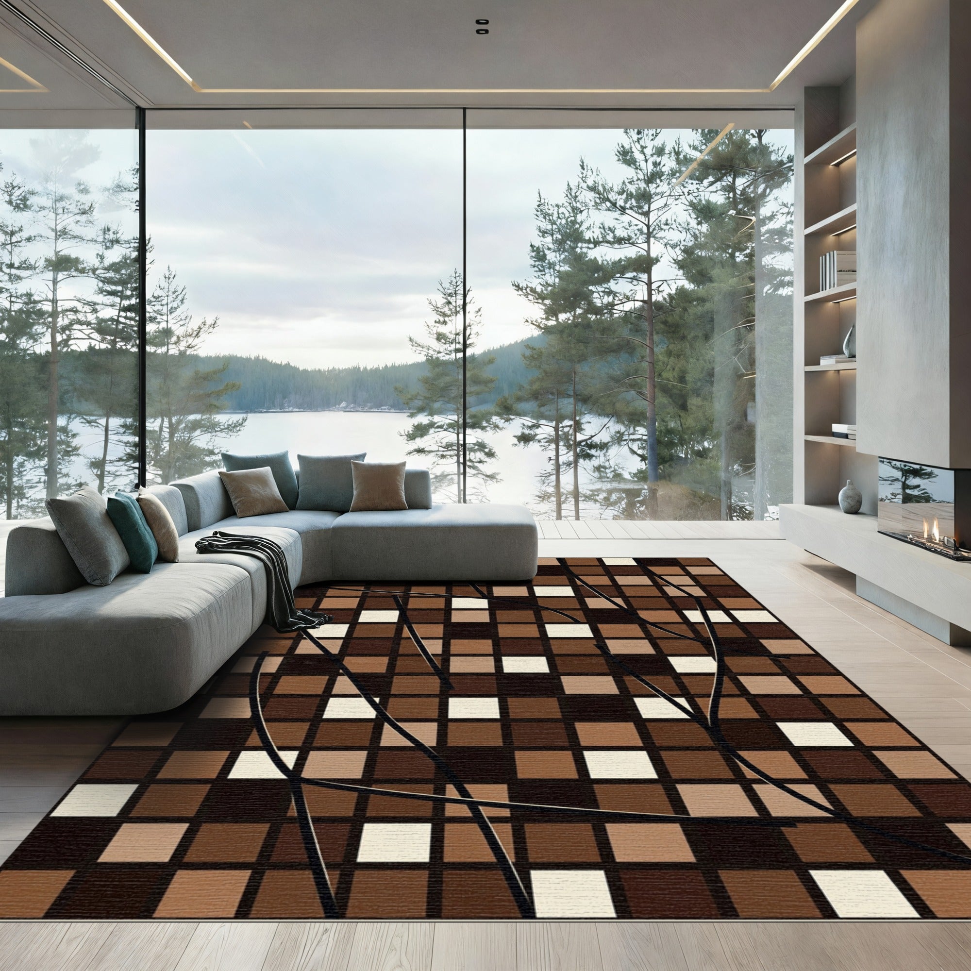 Abstract Earthy Brown Geometric Grid Rug