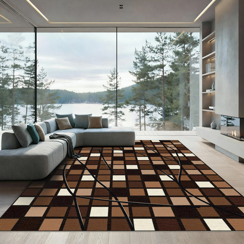 Abstract Earthy Brown Geometric Grid Rug