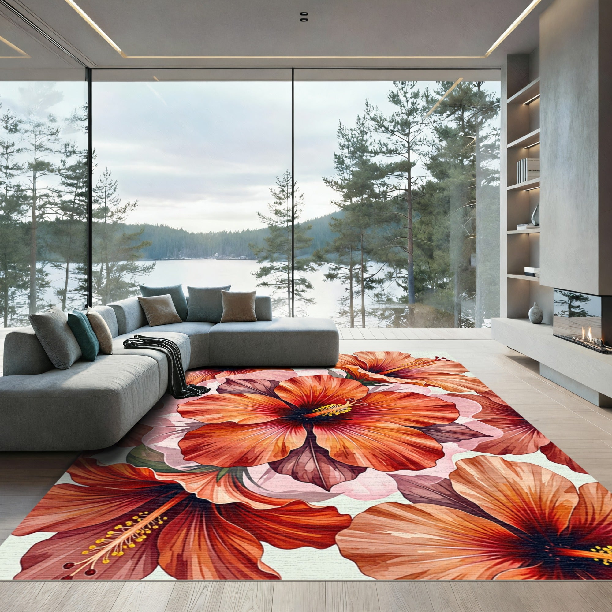 Vibrant Orange Tropical Hibiscus Floral Rug