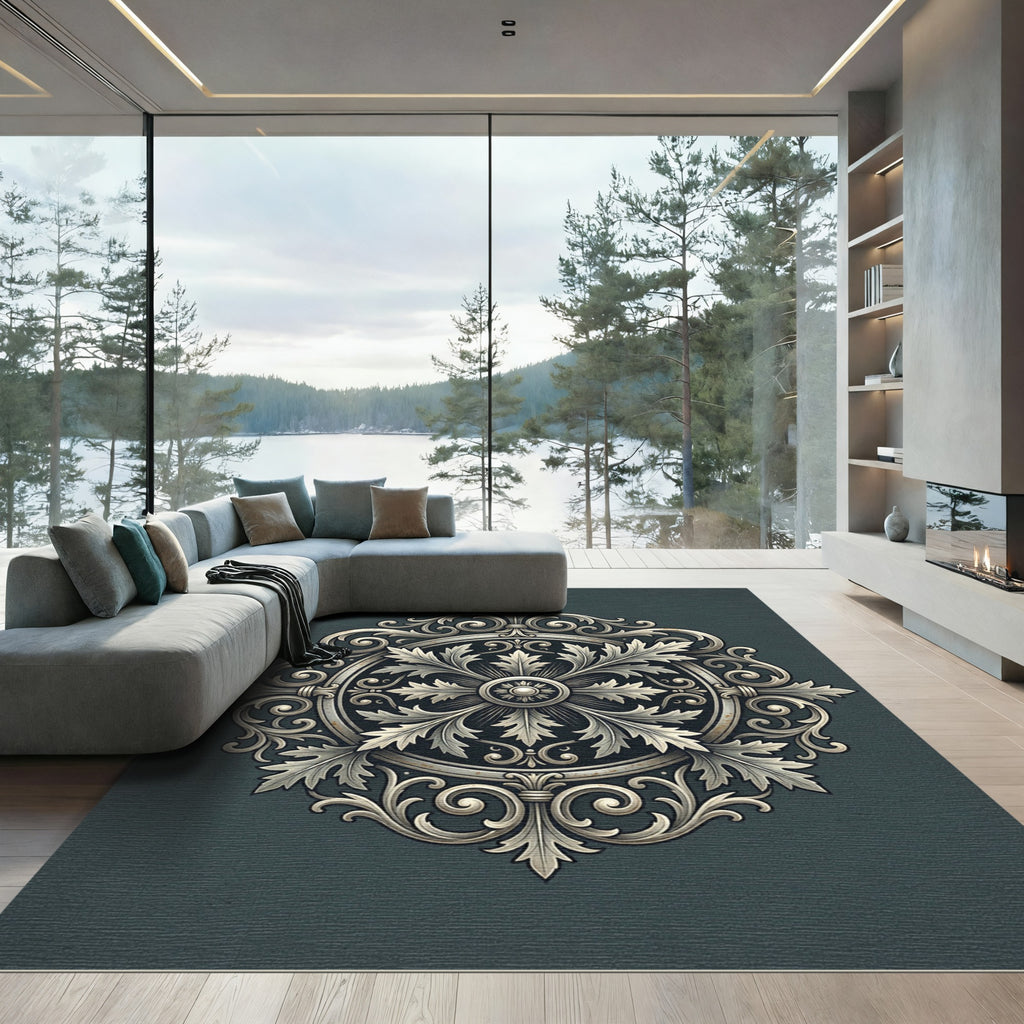 Ornate Slate Gray Victorian Acanthus Medallion Rug