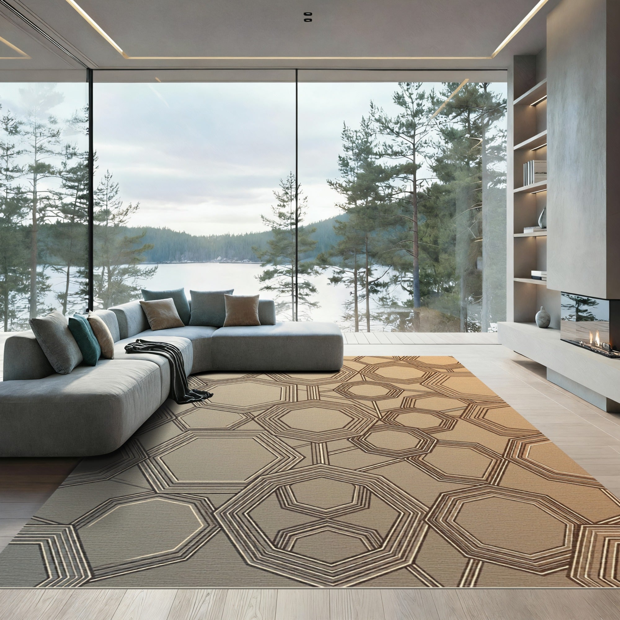 Modern Geometric Bronze Hexagon Gradient Rug