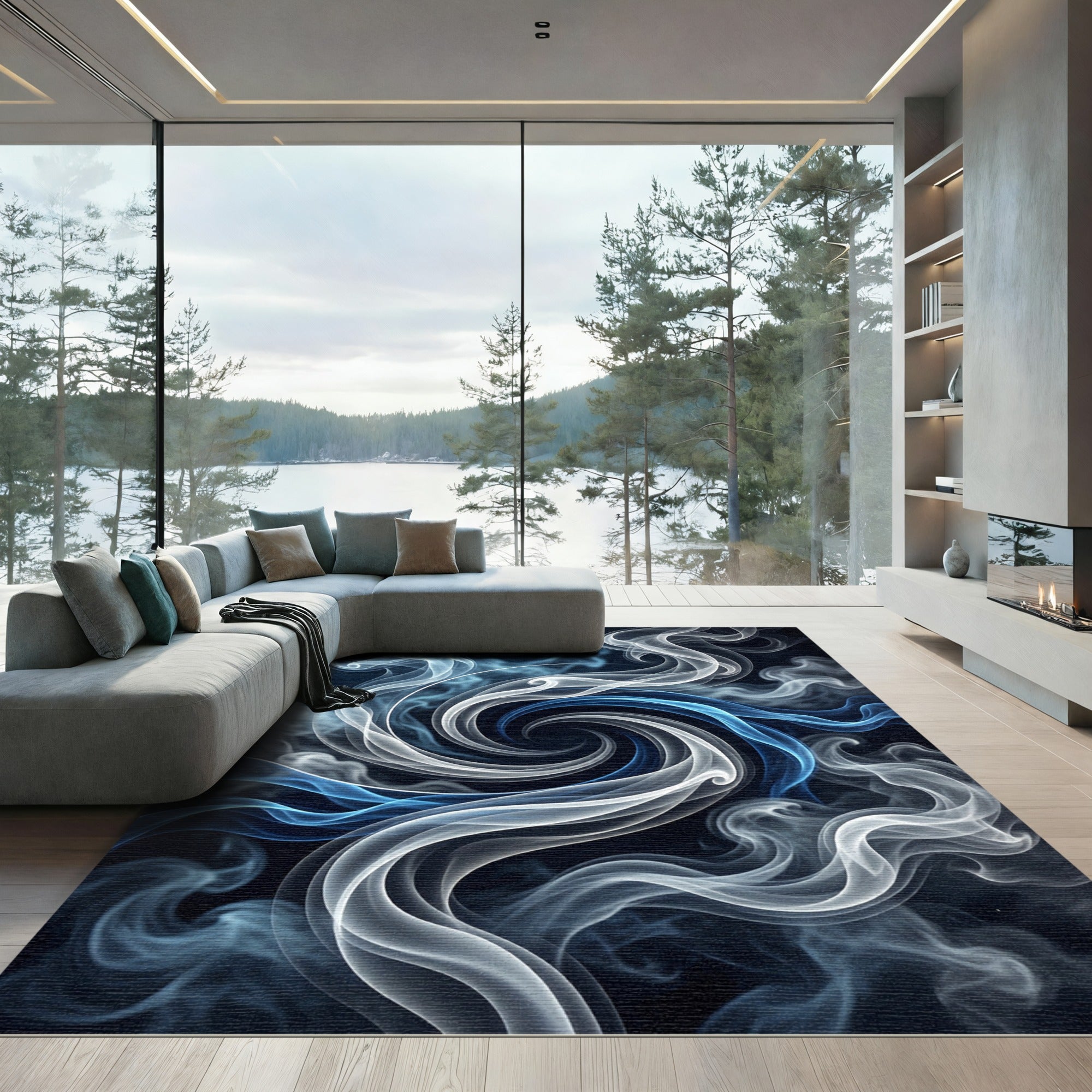 Swirling Blue White Smoke Abstraction Rug