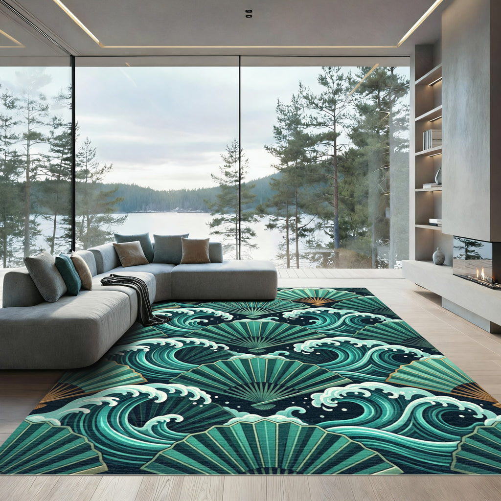 Teal Fans and Waves Repeat Rug