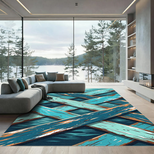 Abstract Blue Intersecting Wood Plank Art Rug