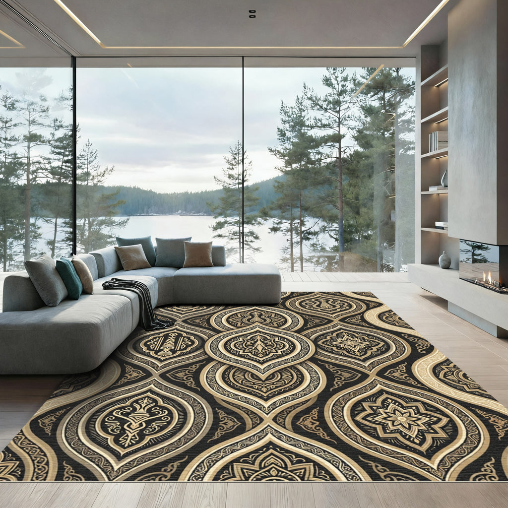 Black Gold Ornate Medallion Overlay Rug