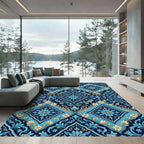 Blue Golden Floral Lattice Fish Rug