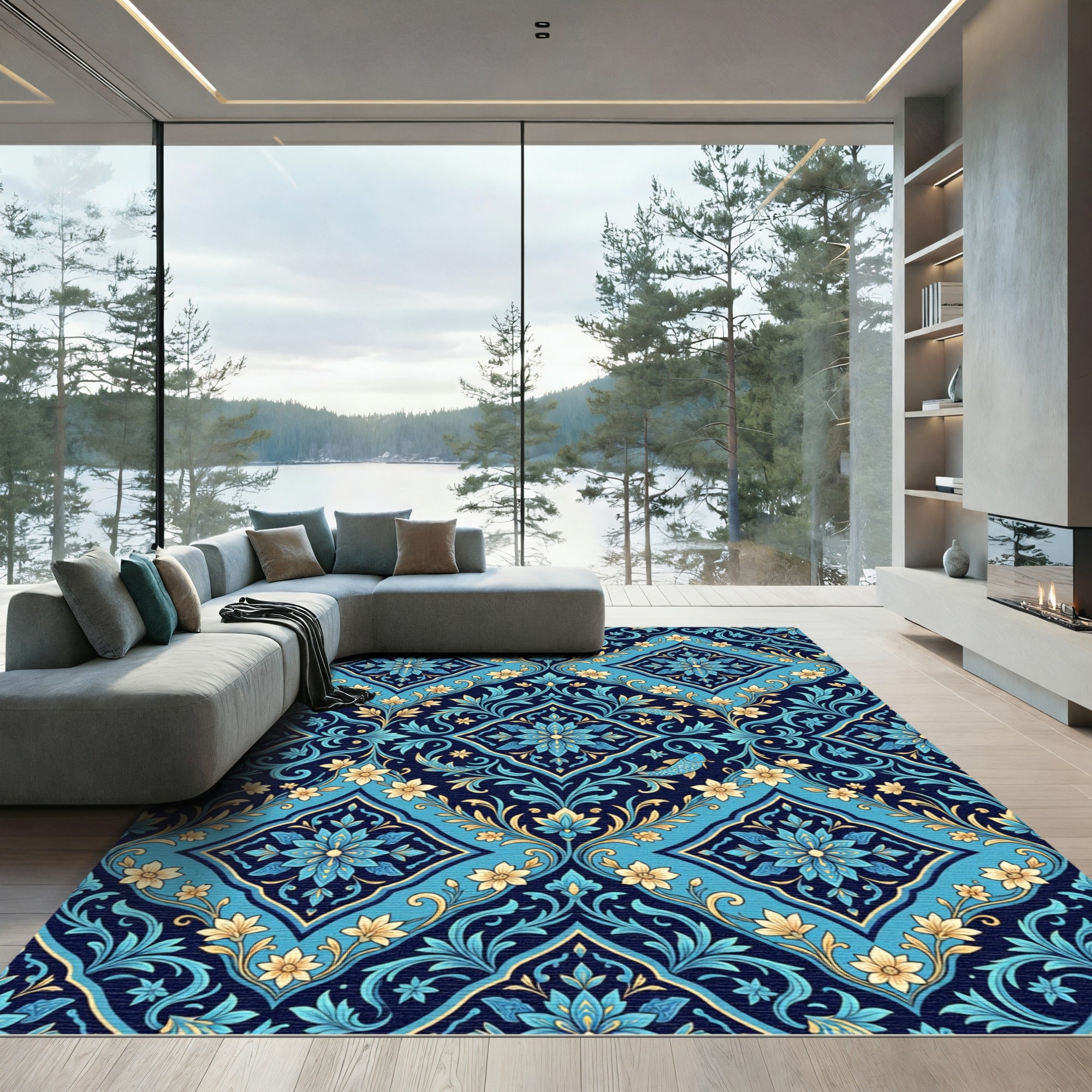 Blue Golden Floral Lattice Fish Rug
