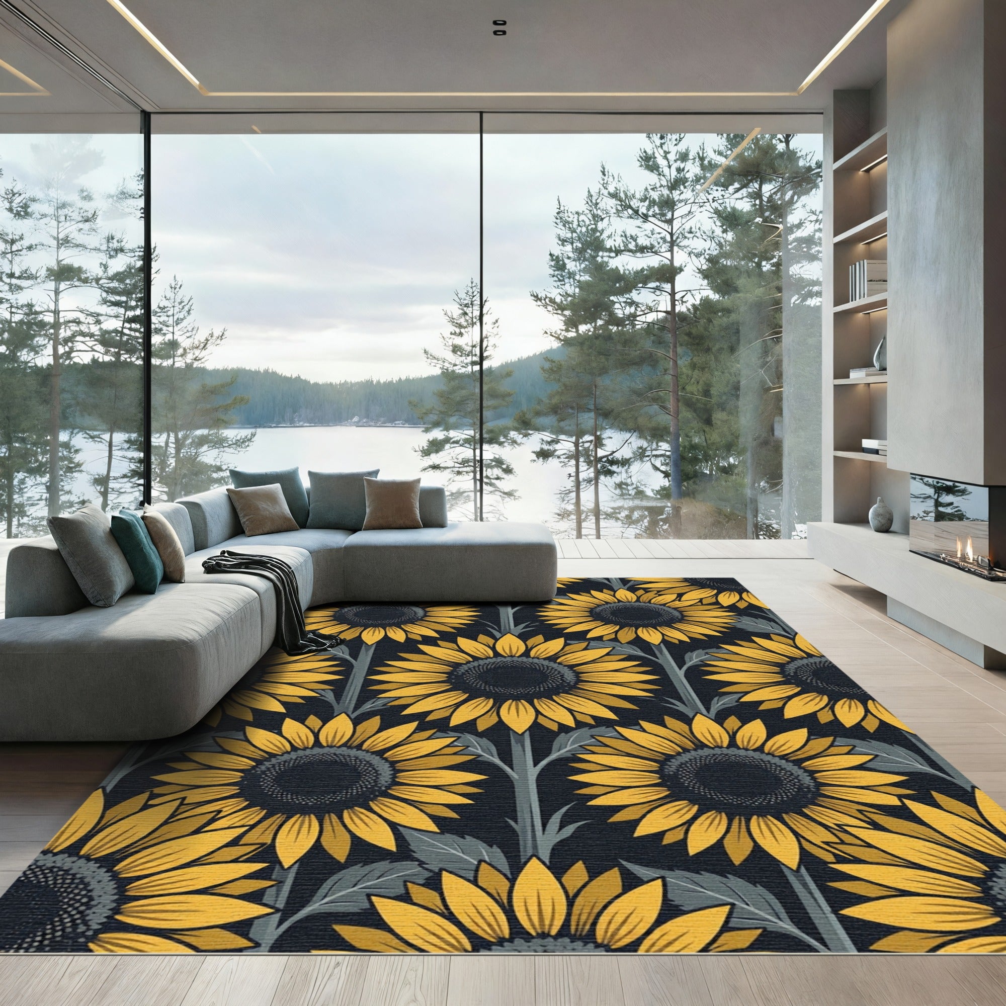 Elegant Golden Sunflower Floral Dark Backdrop Rug