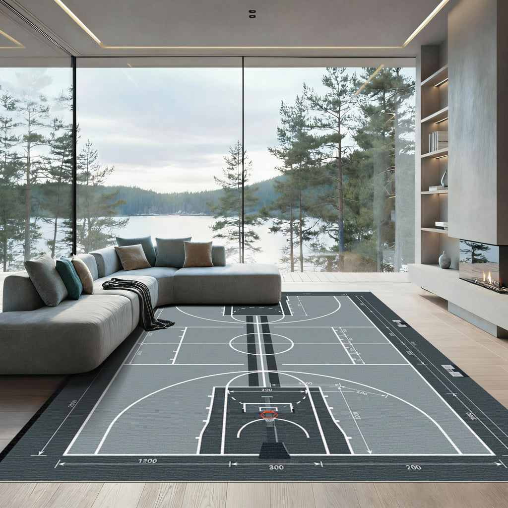 Minimalist Gray Monochrome Basketball Court Graphics Rug